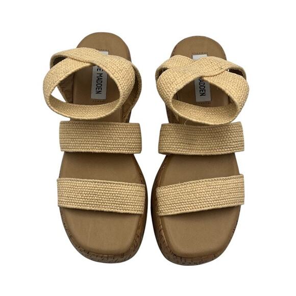Steve Madden Sashes Cork Ankle Strap Flatform Sandals Raffia Beige Size 6M - Picture 2 of 8